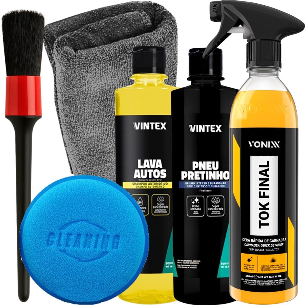 Kit Lavagem Vonixx Automotiva Shampoo Lava Autos Cera Tok Final Pneu Pretinho e Acessórios Karbox