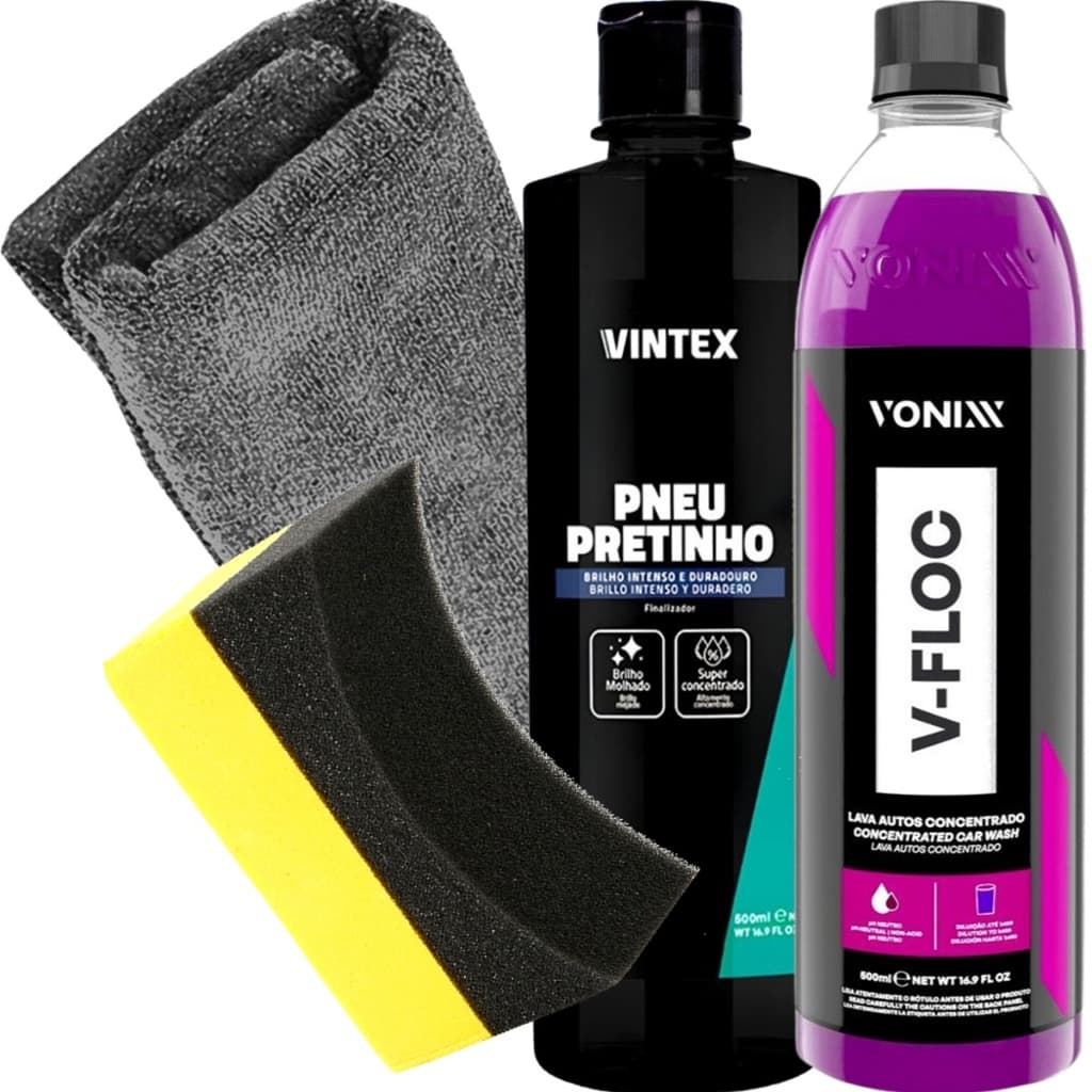 kit Lavagem de Carro Moto Estética Automotiva Shampoo V-Floc Vonixx Pneu Pretinho Vintex Aplicador de Pretinho e Toalha