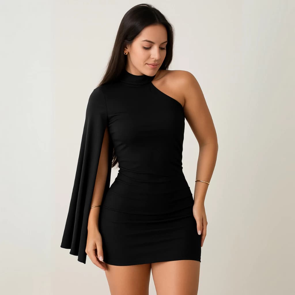 Vestido Curto Estilo Gringa Manga Mula Lateral Com Gola Alta