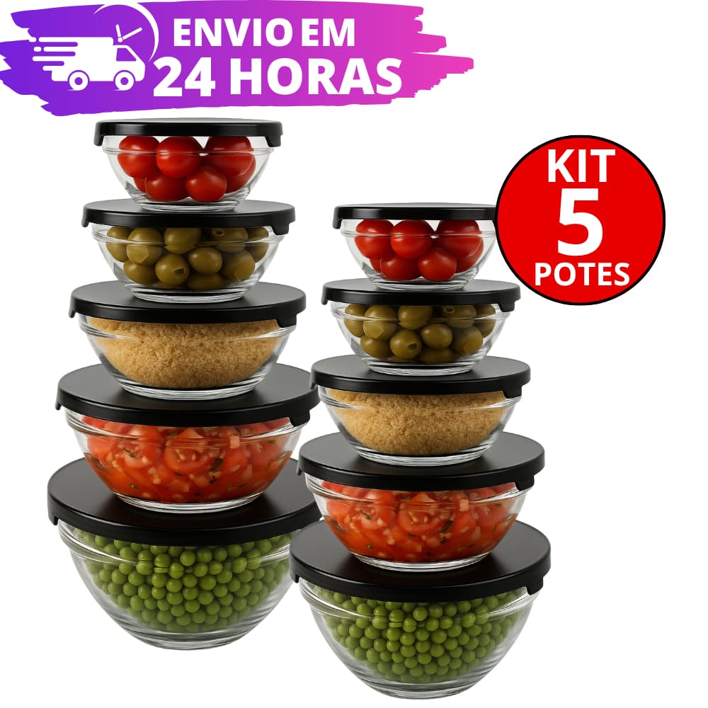 Kit Conjunto De Potes 5 Peças Vidro Resistente Organizadores De Cozinha Multiuso