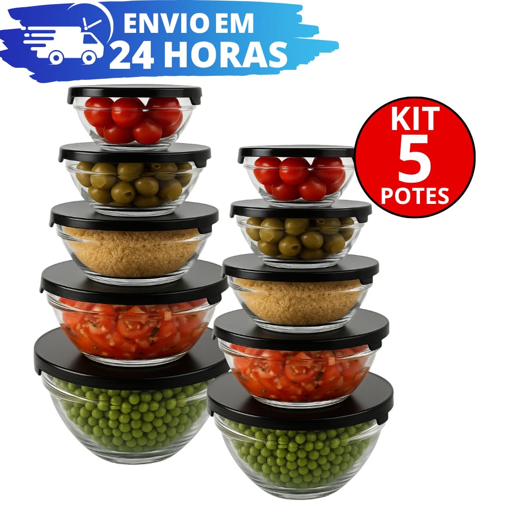 Kit 5 Conjunto De Potes Vidro Resistente Organizadores De Cozinha Multiuso