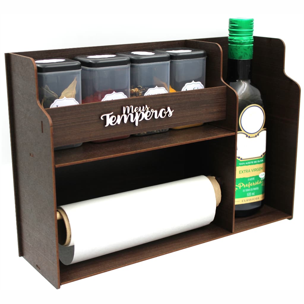 Porta Temperos Prateleira, 4 Potes e azeite - meus temperos, Condimentos, Mantimentos Cozinha - MDF