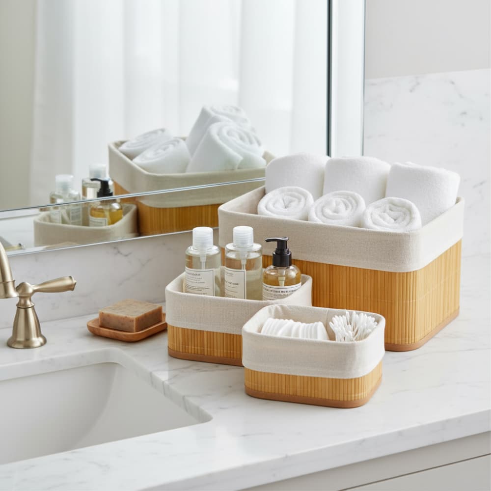 Kit Cesto Organizador Bambu Conjunto 3 Peças Multiuso Cestos Armazenamento Banheiro Cozinha Quarto