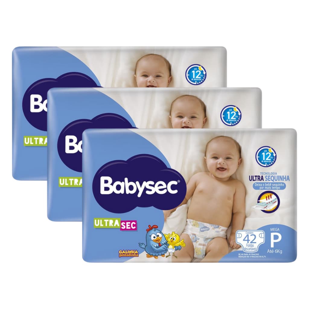 Fralda Descartável Kit com 3 Pacotes Babysec Ultrasec Galinha Pintadinha Mega - Tam P - 126 Unidades