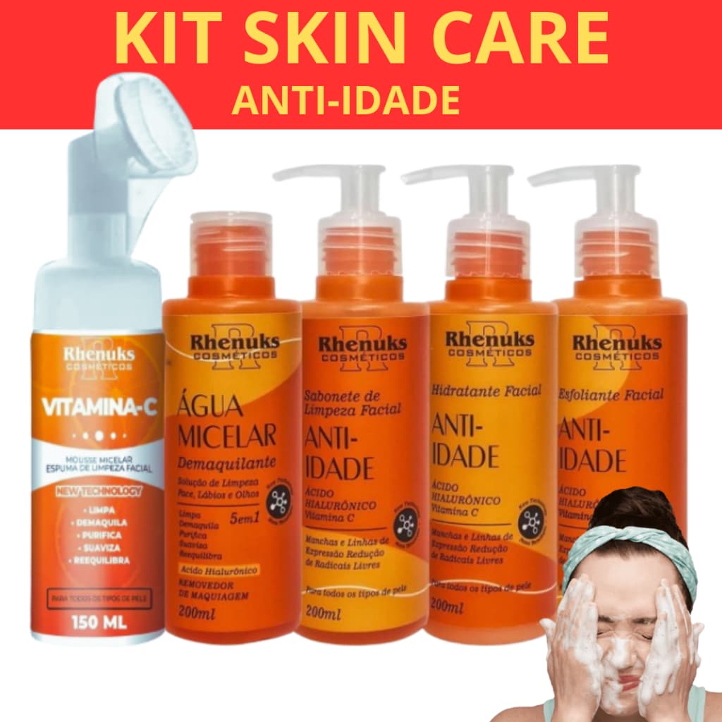 Skin Care Tratamento Anti Idade + Mousse Micelar Vitamina C - KIT facial RHENUKS c/ 5/4/1 itens