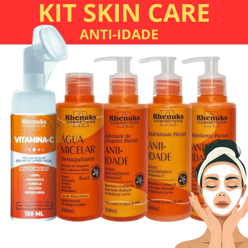 Skin Care Tratamento Anti Idade + Mousse Micelar Vitamina C - KIT facial RHENUKS