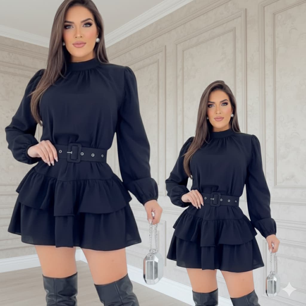 Vestido Feminino Elegante Boho Chic Soltinho Manga Longa babado na Barra Tendência (GOLA)