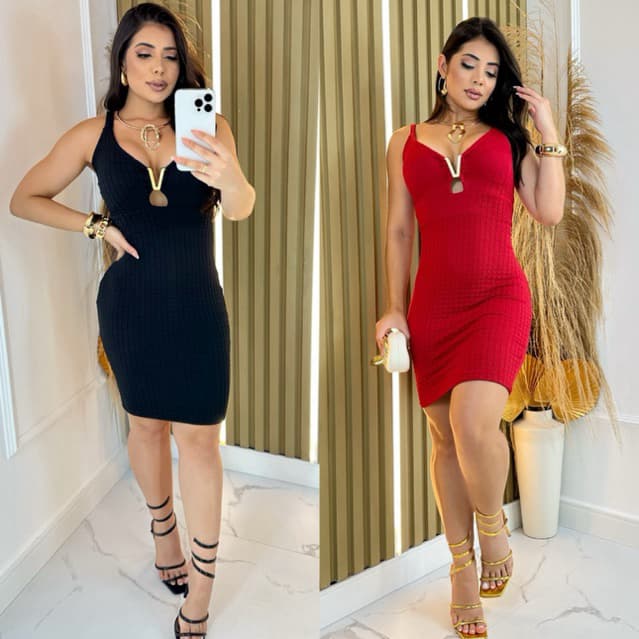 Vestido Feminino Ana Ruga Aro Dourado em V Alça Grossa Premium e Caimento