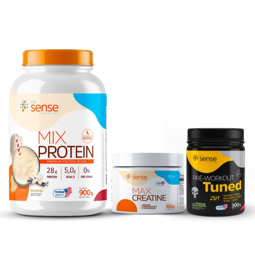 Kit Whey Mix Protein - 900g + Pré Treino Tuned - 300g + Creatina 100% pura - 100g - Life Sense Nutrition