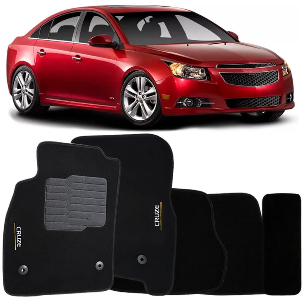 Jogo de Tapete Automotivo Carpete Chevrolet Cruze 2011 à 2016 Soft Logo Bordado Preto 5 Peças