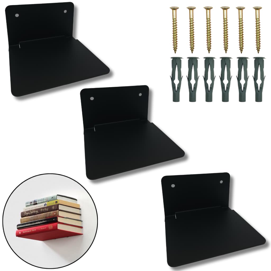 3 Suportes para Livros Formato Prateleira Invisível Fixação de Parede Aço Acabamento Moderno
