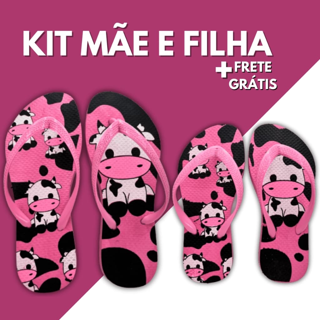 Kit Mãe E Filha Chinelo Sandália Feminino Vaquinhas Adulto Infantil Slim Calçado Antiderrapante Macio Leve Confortável