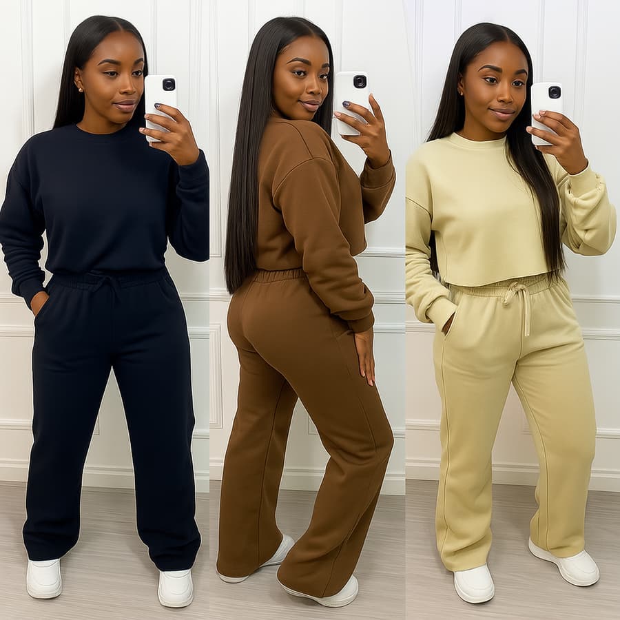 Conjunto Vitória é composto por uma calça pantalona fluida e um cropped de manga longa em moletom leve, perfeito