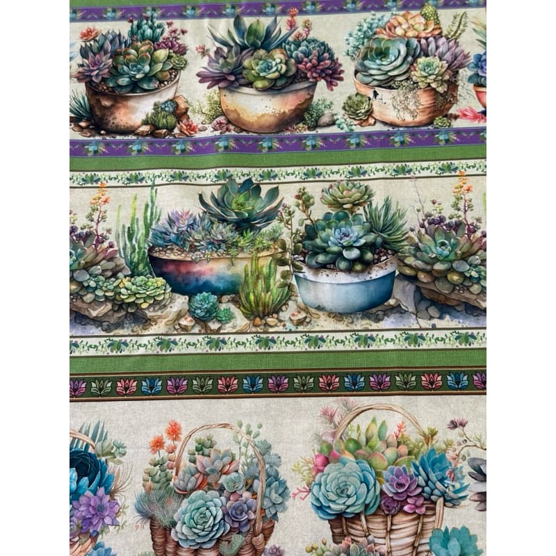 Tecido Barrado Tricoline Suculentas 55x150 Patchwork Pano de Prato 100% Algodão