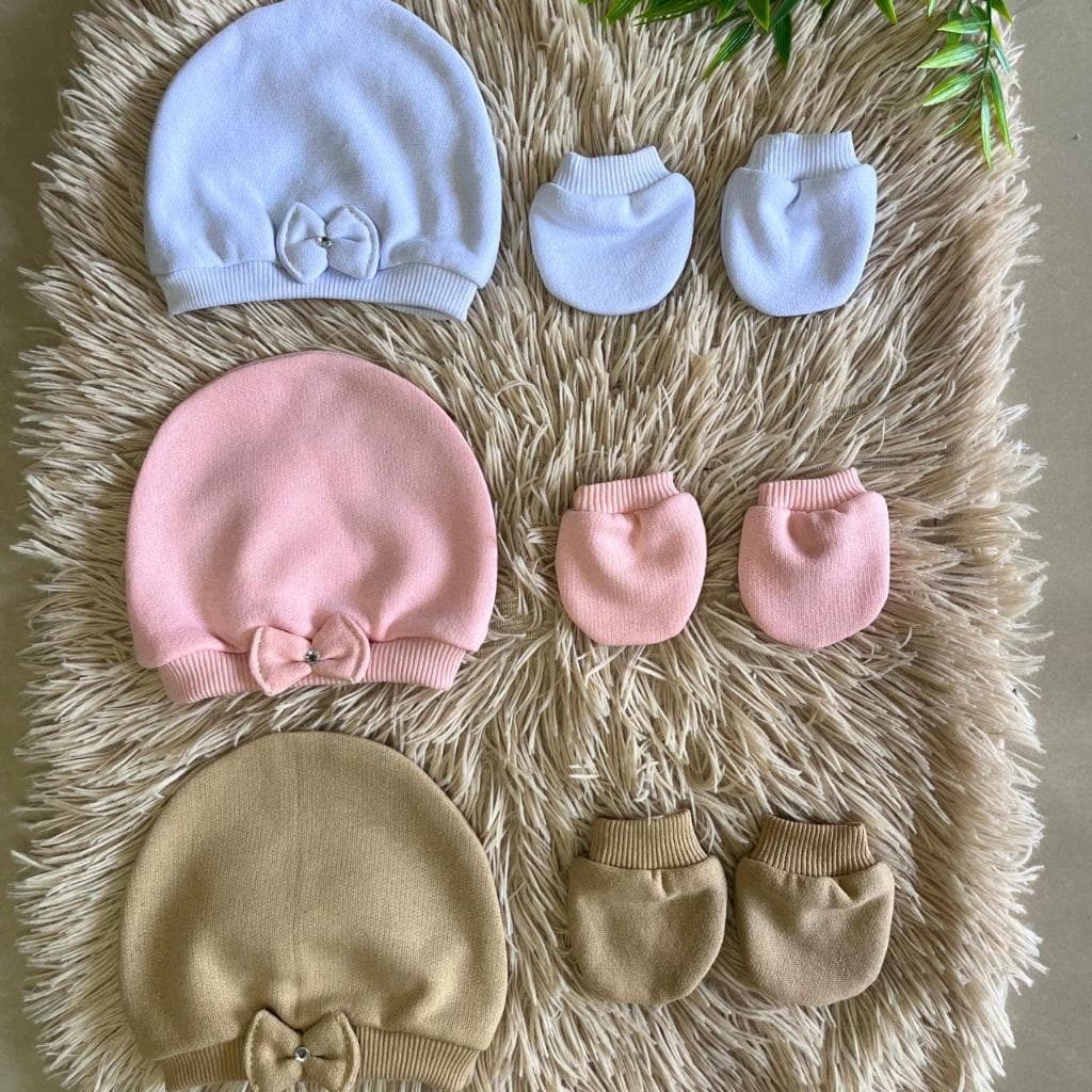 Kit 3 Toucas e 3 Luvas Bebê Menina RN Recém-Nascido Algodão Macio Enxoval