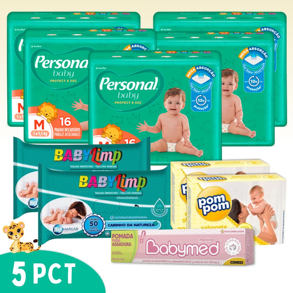 Kit Chá de Fralda 5 Pacotes Personal Baby + 2 Lenço Umedecido +  1 Pomada + 2 Sabonete Infantil
