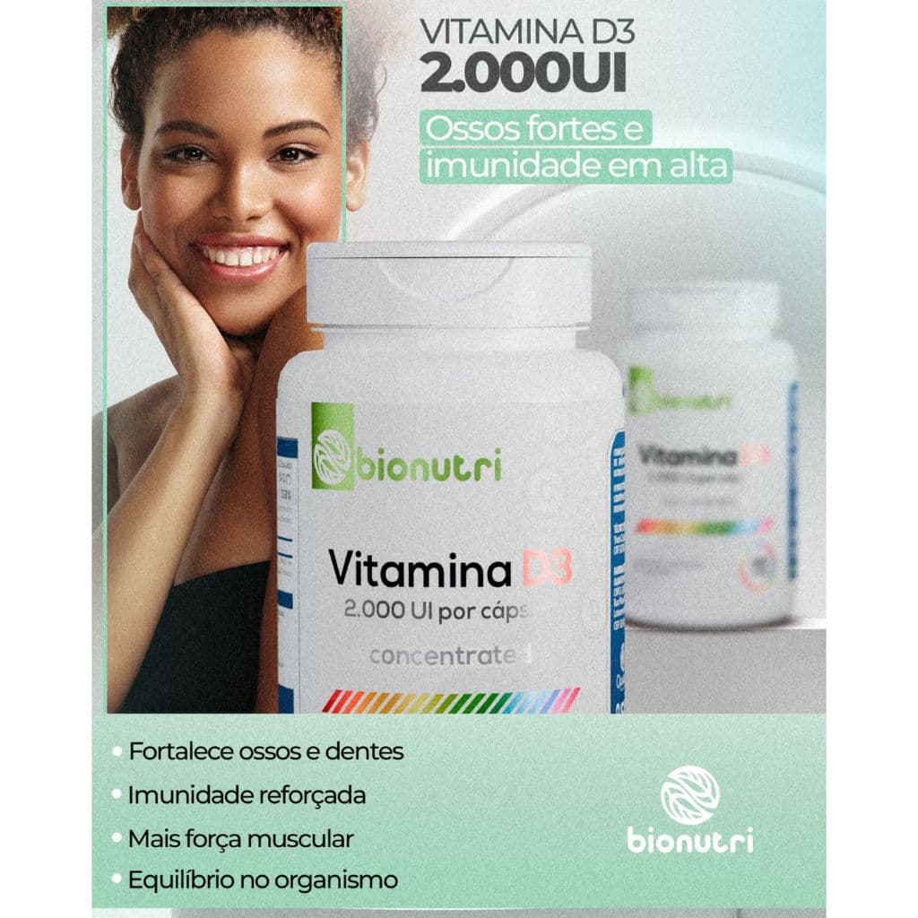Vitamina D3 2000UI Suplemento ajuda Ossos Dentes Sistema Imunológico Original Bionutri