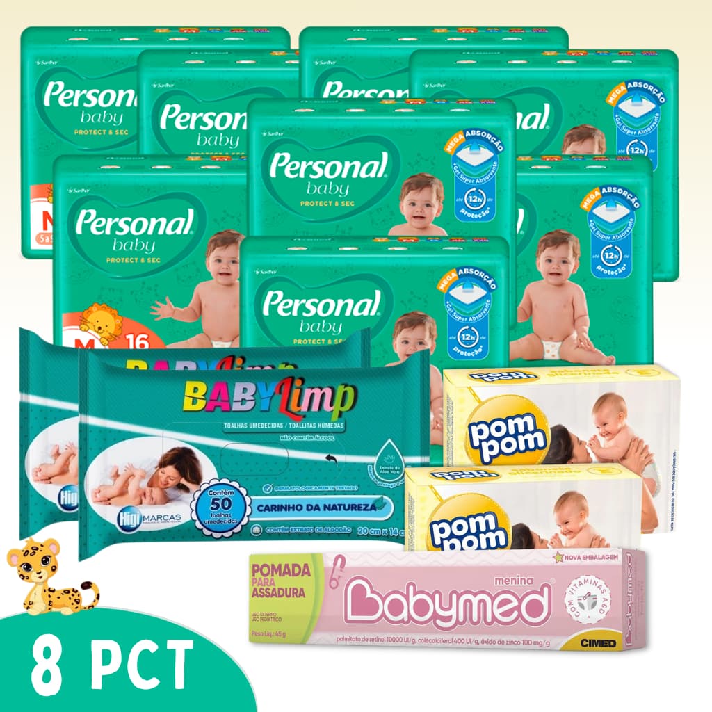 Kit Fralda Personal Protect & Sec + 2 Lenço Umedecido Bebê + 1 Pomada Infantil + 2 Sabonete Baby