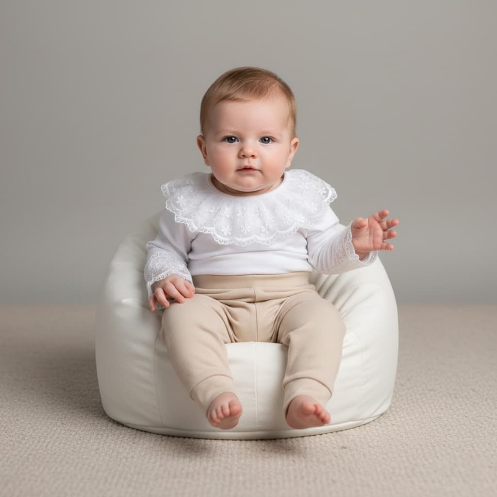 Conjunto Bebê Menina Body Renda e Calça Bege 100% Algodão Roupinha Bebe Menina 03 Peças Enxoval Luxo