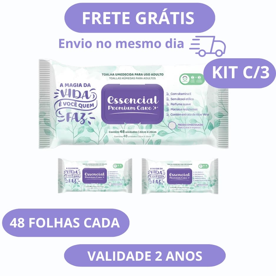Kit 3 Lenços Umedecidos Adulto 48 Folhas Cada Essencial Care