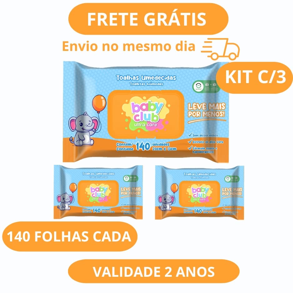 Kit C/3 Lenços Umedecidos Tradicional 140 Folhas Cada - Baby Club Ultra Care