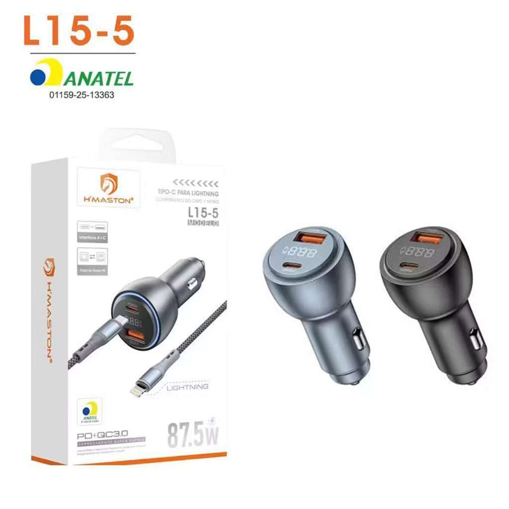 Carregador Veicular 87.5W com LED Turbo 2 Entradas USB e Tipo-C Carregamento Rapido HmastonL15-4/5/6