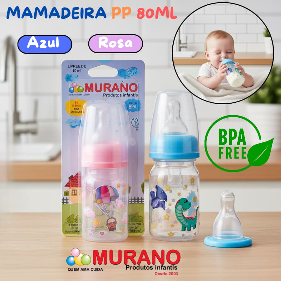  1-5 Mamadeira PP 80ml  Murano Infantil  Silicone Ortodôntico  Azul e Rosa REF 317 P SOU
