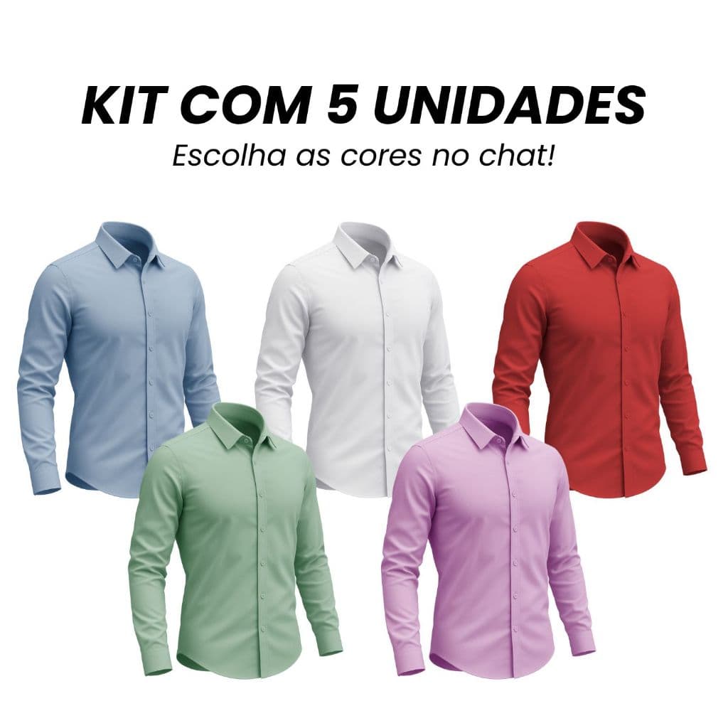 Kit 5 Camisa Social Masculina Slim Fit Manga Longa Não Amassa Plus Size Premium