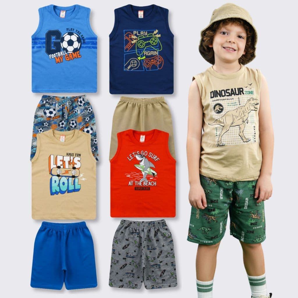 Kit 4 Conjuntos Regata Roupa Infantil Menino Bermuda Moletom