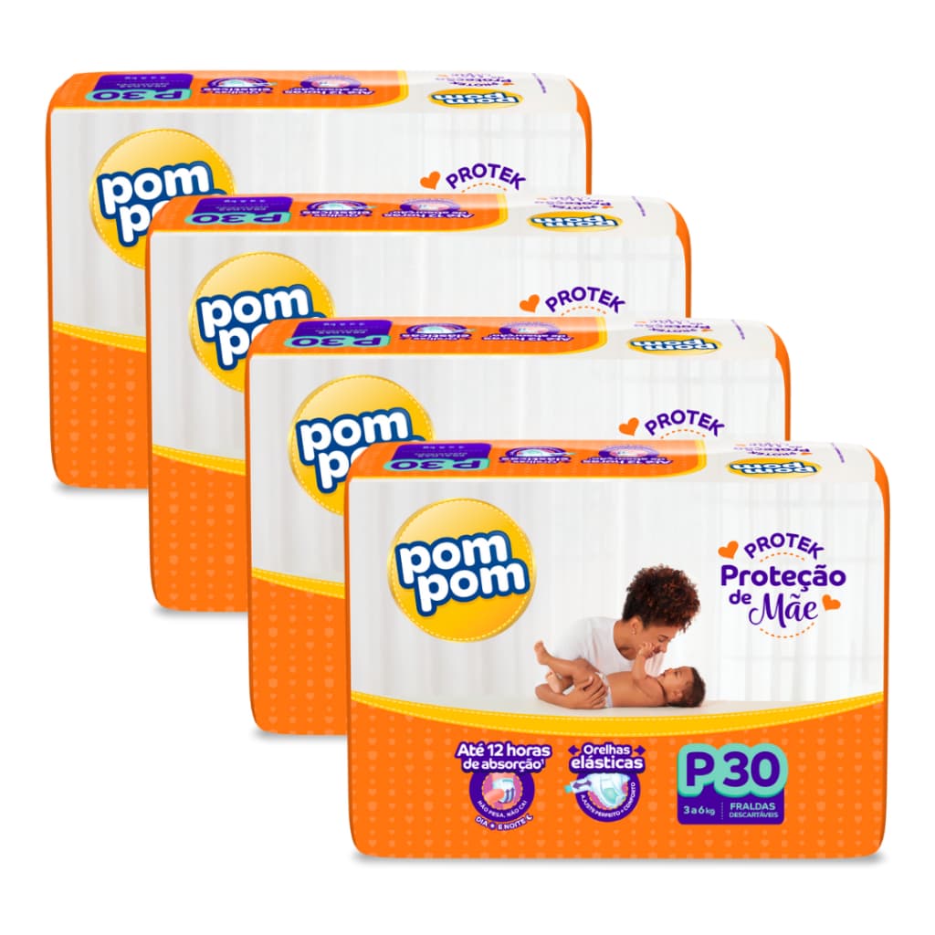 Fralda Descartável Kit com 4 Pacotes Pompom Protek Proteção de Mãe Jumbo - Todos os tamanhos