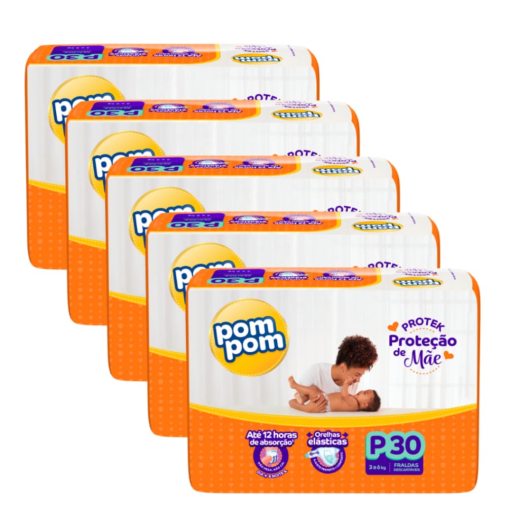 Fralda Descartável Kit com 5 Pacotes Pompom Protek Proteção de Mãe Jumbo - Todos os tamanhos