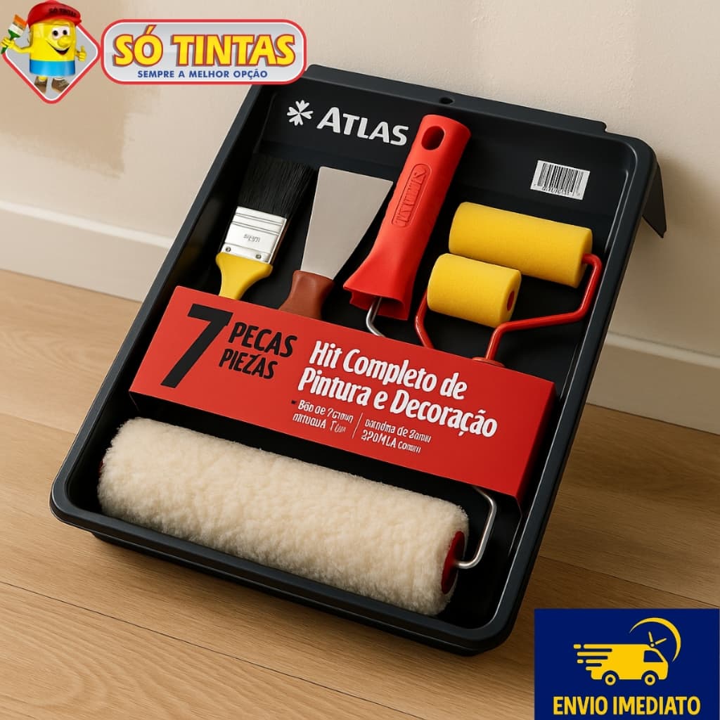 Kit de Pintura Atlas 3 a 7 Peças, Profissional Completo com Rolo, Trincha e Bandeja, Parede, Muros