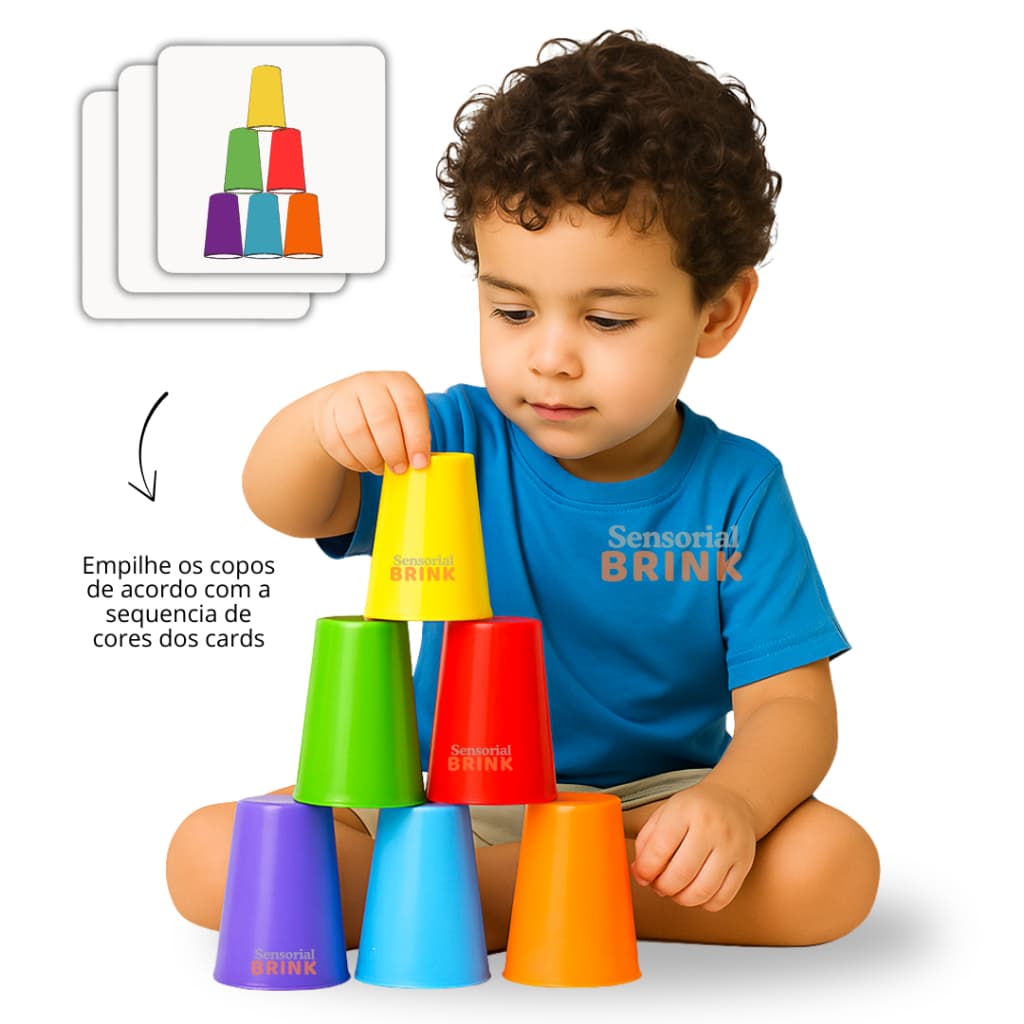 Torre de Copos das Cores  – Brinquedo Educativo Infantil de Coordenação Motora Fina e Equilíbrio - Brinquedo Montessori