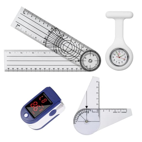Kit Goniômetro Grande 36cm + Goniômetro 14cm + Relógio Lapela  + Oxímetro de Dedo