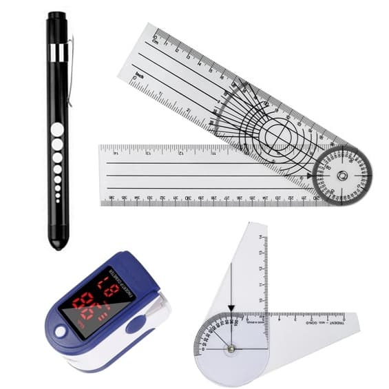 Kit Goniômetro Grande 36cm + Goniômetro 14cm + Oxímetro de Dedo + Lanterna Clínica Preta