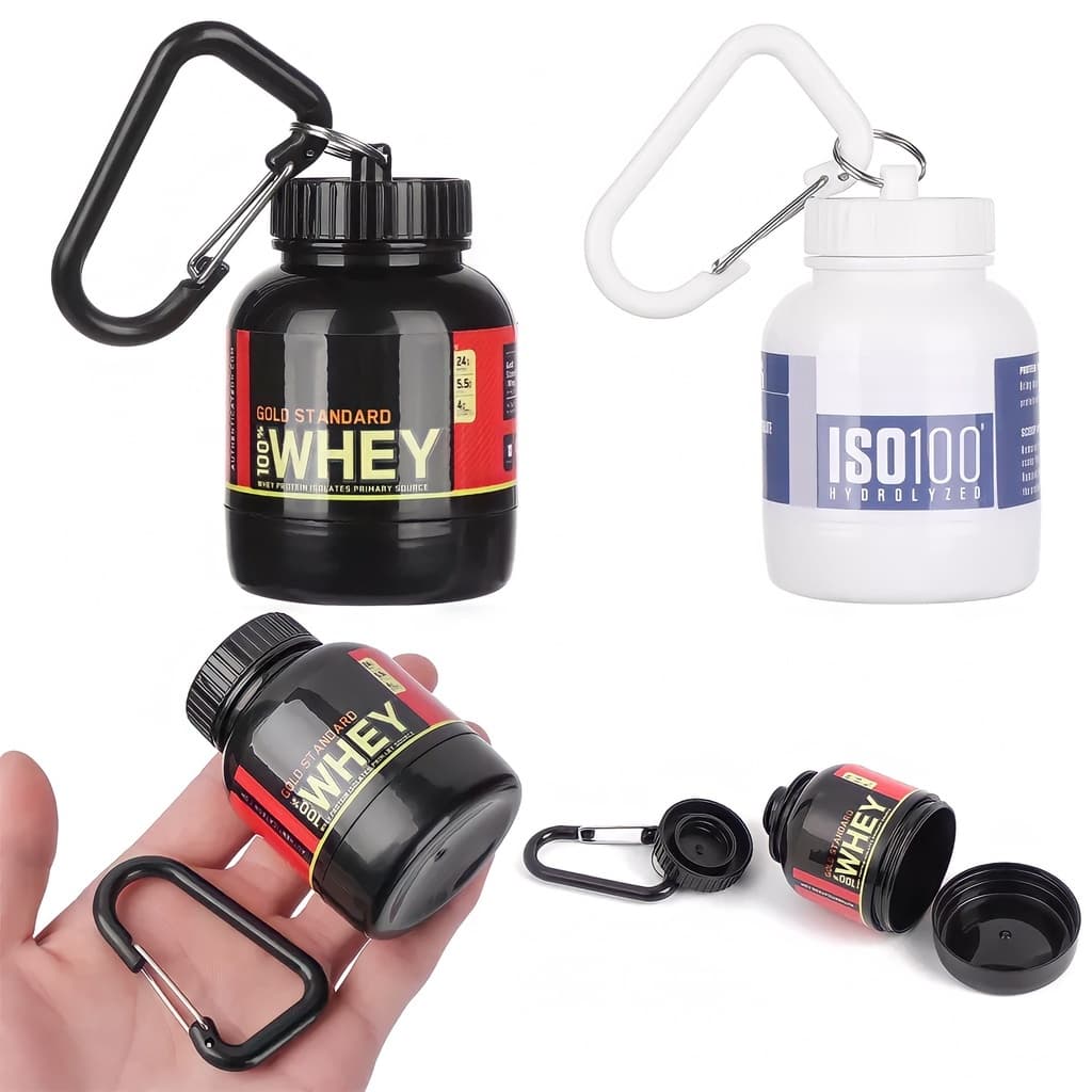 Chaveiro Porta Whey 100 ml – Dosador p/ Suplementos Whey Creatina Pré Treino (Preto/Branco)