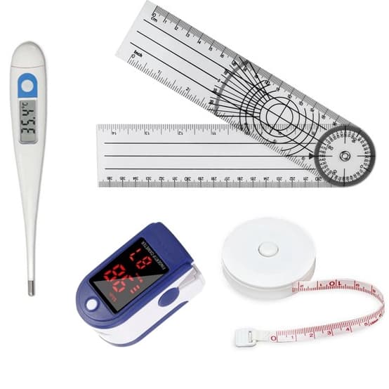 Kit Goniômetro Grande 36cm + Trena 1,5cm + Termômetro Clínico Branco + Oxímetro De Dedo