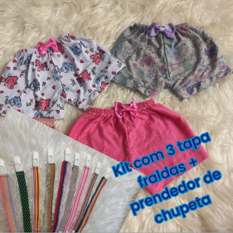 kit 3 tapa fralda+ prendedor de chupeta, shorts bebê, roupa recém nascido,algodão ,coton,menino,menina Presente gravidez