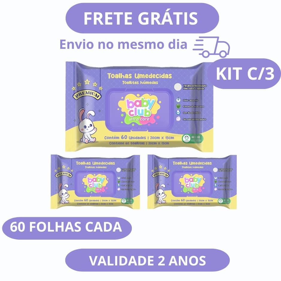 Kit 3 Lenços Umedecidos Premium 60 Folhas - Baby Club Promoção