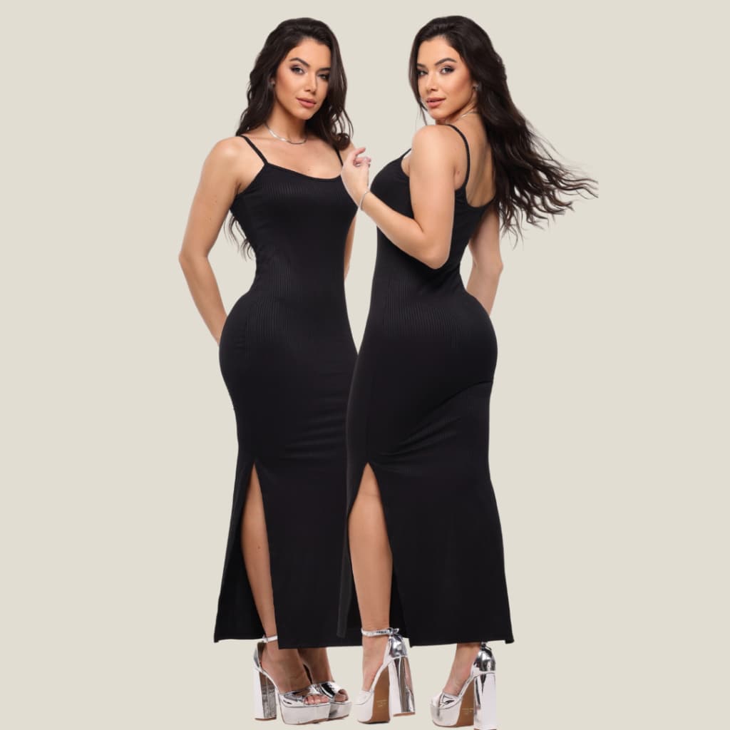 Vestido Longo Canelado Slim com Fenda Lateral e Alça Fina Decote Quadrado Sem Bojo