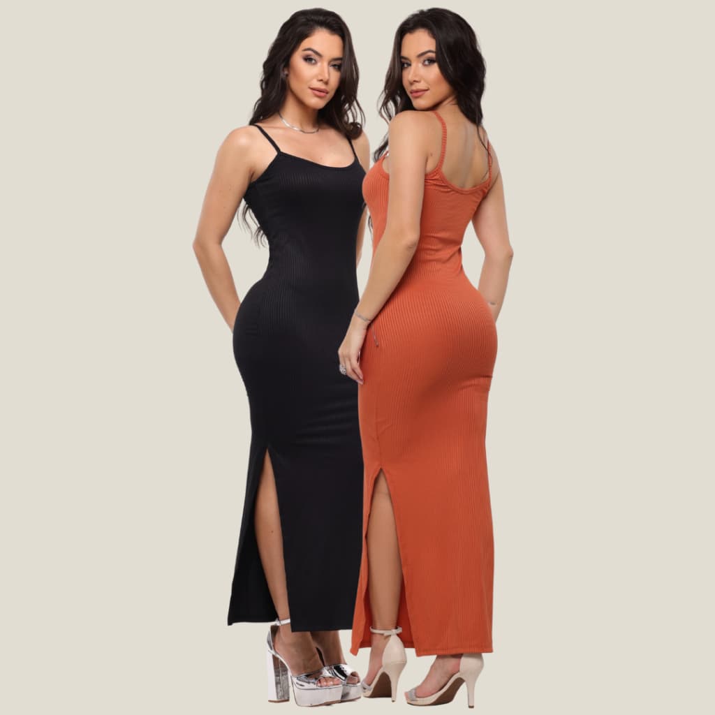 Kit 2 Vestido Longo Canelado com Fenda e Alça Fina Decote Quadrado Sem Bojo