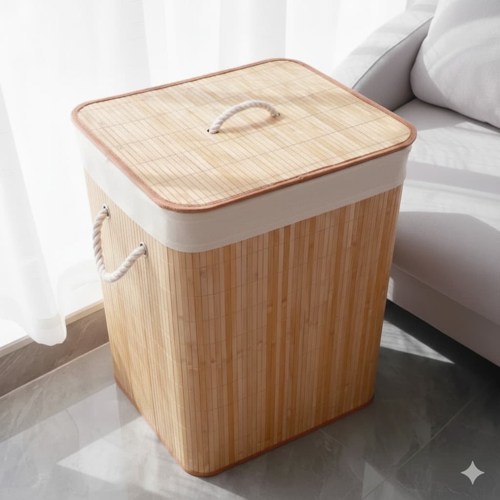 Cesto De Roupa Suja Bambu 60 Litros Lavanderia Com Tampa e Alças Forrado Grande Organizador Banheiro