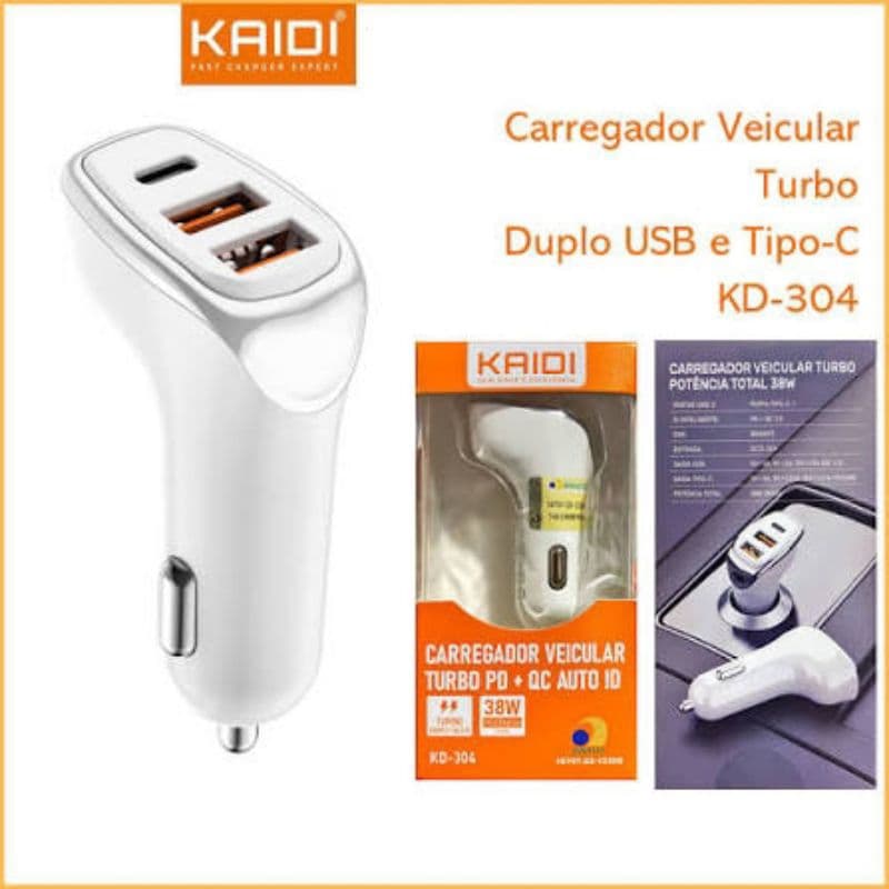 Carregador Veícular Turbo 38W Duplo USB e Tipo-C KAIDI KD-304