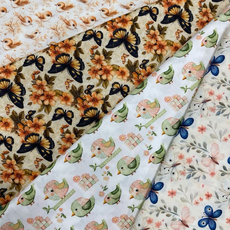 Tricoline Digital Borboleta, pássaros e joaninha- 100% algodão 50cm x 1,50mt para costura, patchwork