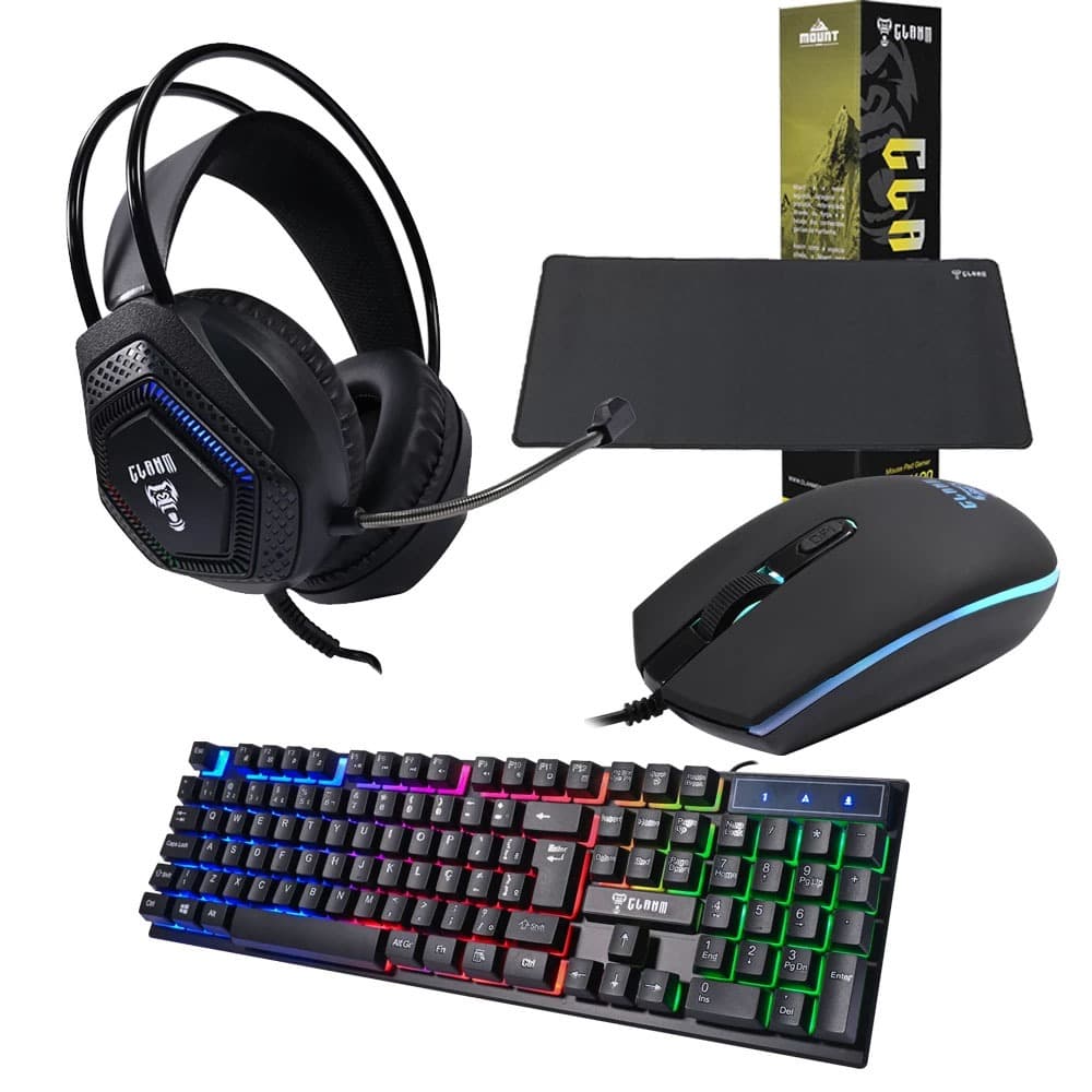 Kit Gamer Teclado Mouse Mousepad E Headset Completo 4 Em 1 Kit 1 Preto Iluminação PC Notebook Jogos