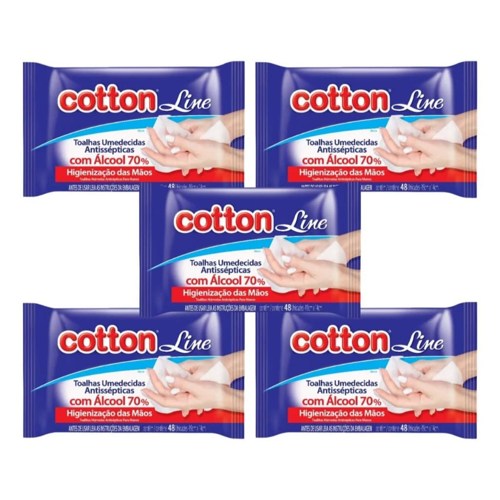 Kit 5 Lenços Umedecidos Cotton Line 48un Antissépticas 70°