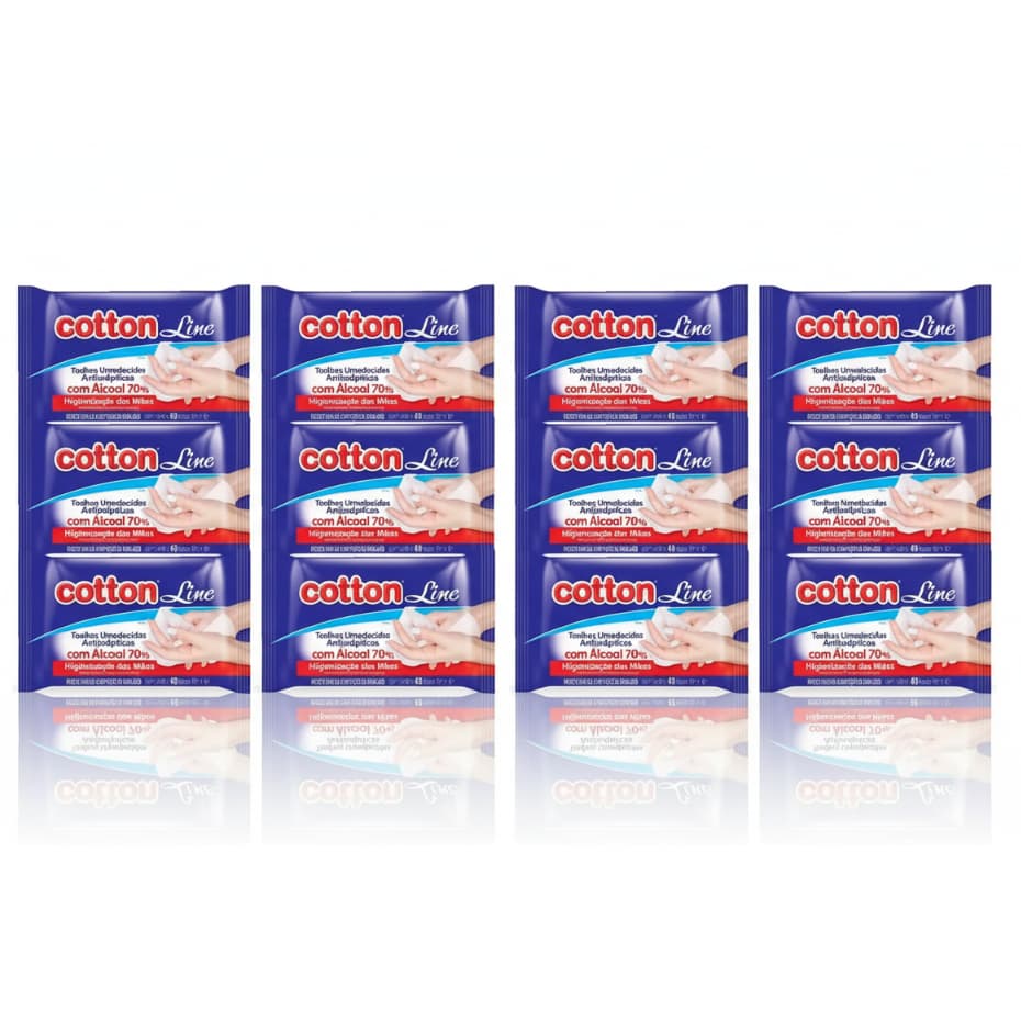 Kit 12 Lenços Umedecidos Cotton Line 70° Antissépticas 48un