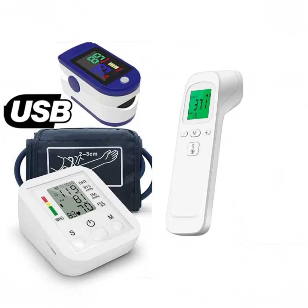 Kit Termômetro infravermelho sem contato domestico, Oxímetro Digital Dedos + Medidor digital de pressão arterial