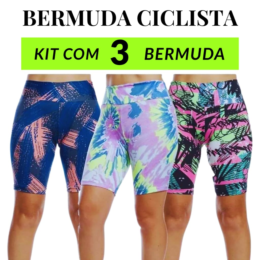 KIT 3  Bermuda Feminina academia fitness Ciclista malhar shorts cintura alta