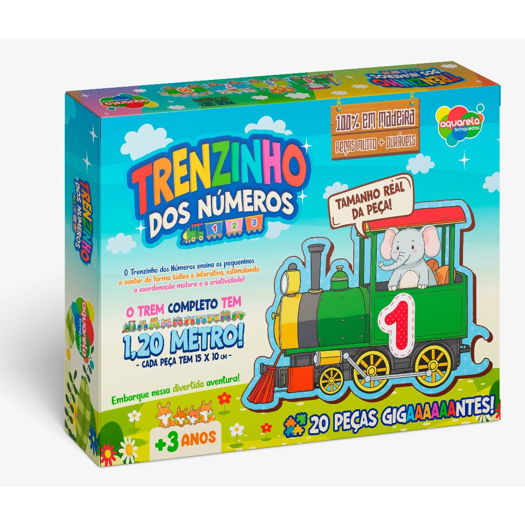 Trenzinho dos Números Brinquedo Educativo Infantil em Madeira Números Quantidade Aquarela Brinquedos